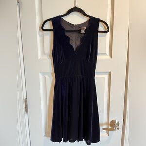 Aqua size small mini dress, navy velvet, scallop neckline